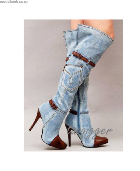 Heeled knee high boots in washed denim and mini dress