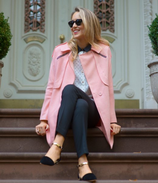 Ivory wool blazer with polka dot blouse and black ankle strap ballet flats