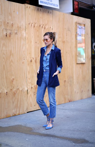Chambray button down shirt, mom jeans and sky blue jean gladiator shoes