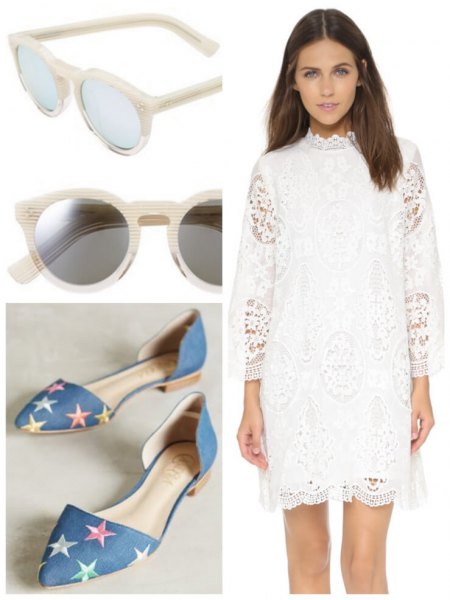 White lace mini dress with high neck and three quarter sleeves and denim star print ballet flats