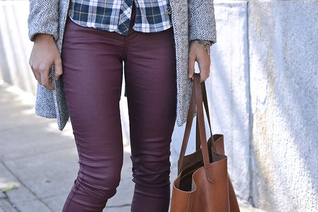 Checked shirt with a long tweed jacket and lilac waxed skinny jeans