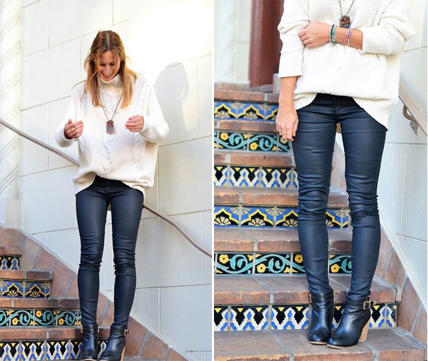 White cable knit chunky sweater and deep purple waxed jeans