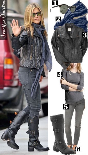 Leather jacket with a gray chiffon scarf and black motorcycle knee
high boots from Jennifer Aniston