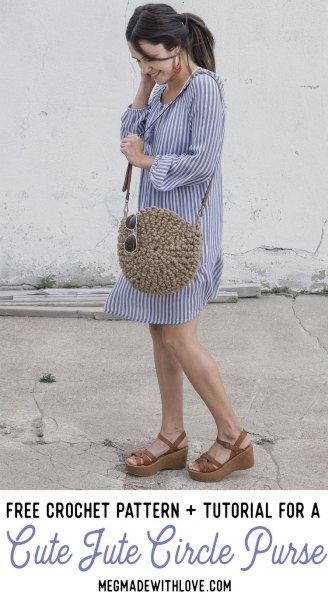 Blue and white vertical striped mini shift dress with cute round
straw bag