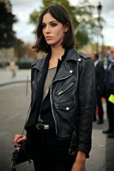 Leather motorcycle jacket with black waistcoat and gray top