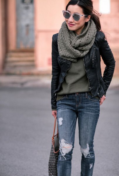 gray knitted scarf with black leather motorcycle jacket