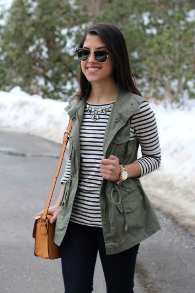 Striped long sleeve t-shirt with silver statement necklace and utility waistcoat