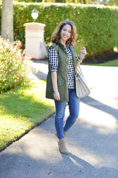 Olive green utility waistcoat with black and white check boyfriend shirt