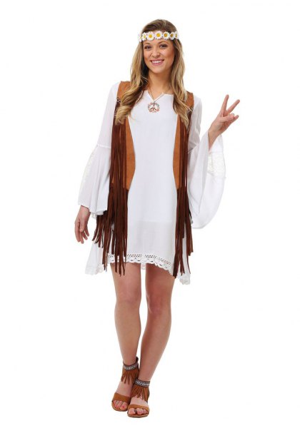 White mini shift dress with bell sleeves and black hippie waistcoat