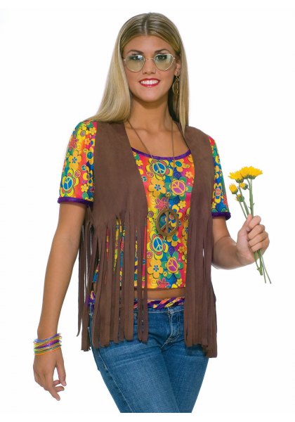 Camel hippie fringed vest with yellow printed cropped tee