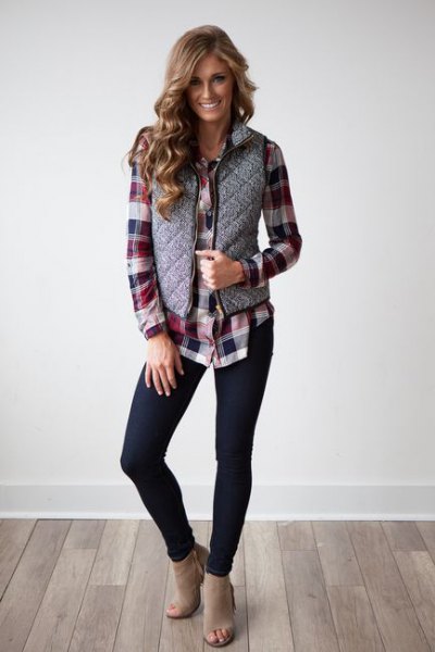 gray quilted waistcoat with black and gray checked boyfriend shirt