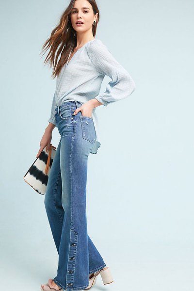 Light blue chiffon long sleeve blouse with blue high waisted bootcut jeans