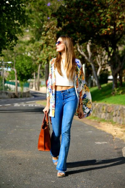 Rainbow printed oversized blazer with bright blue bootcut jeans