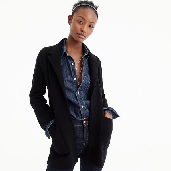 Black blazer with blue button down chambray shirt