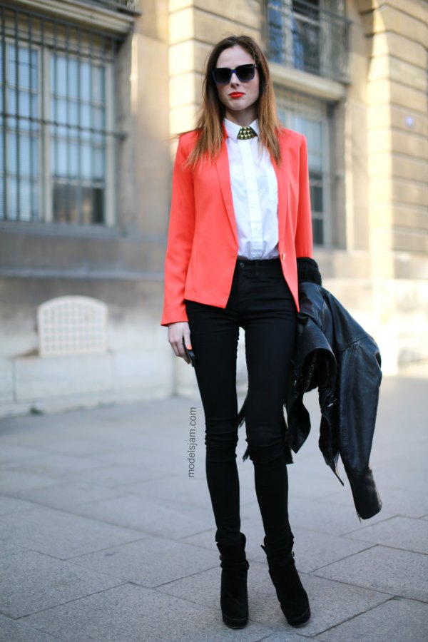 Best orange blazer with white button down shirt and high rise
skinny jeans