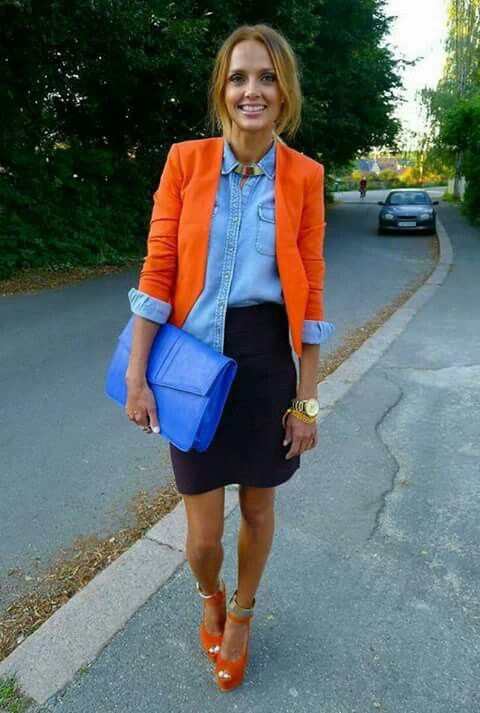 Best orange blazer with light blue chambray button down shirt and
pencil skirt