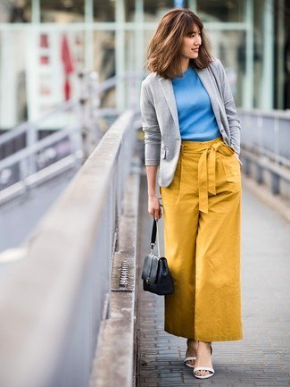 Gray sweater blazer with sky blue top and mustard yellow wide leg
pants