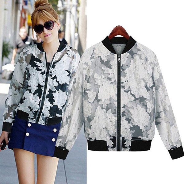White floral embroidered semi sheer casual sport coat with blue denim skirt