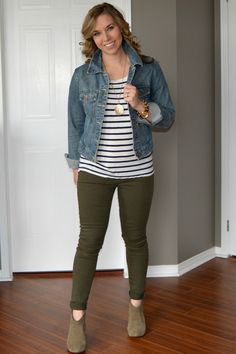 blue denim jacket with striped t-shirt and olive skinny pants