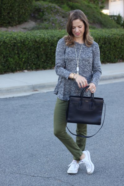 Heather gray relaxed fit sweater and green straight leg pants