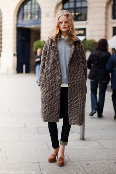gray long coat with sweater and black jeans