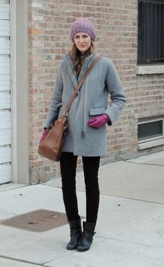 Gray coat with black skinny jeans and leather ankle boots