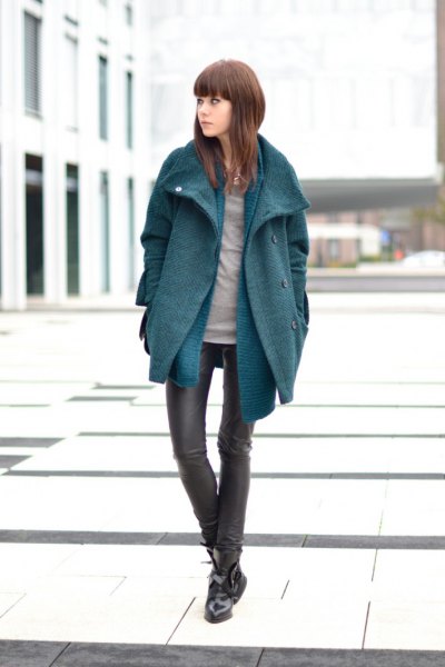 gray cocoon coat with blue long chambray shirt and leather leggings