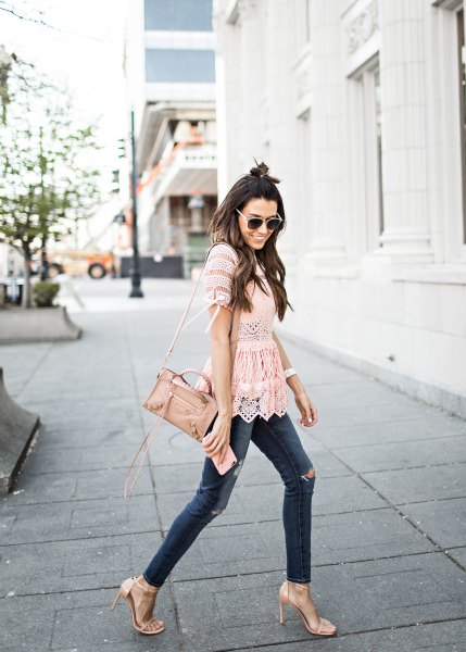 Blushing lace blouse with peplum and scalloped hem to dark skinny jeans