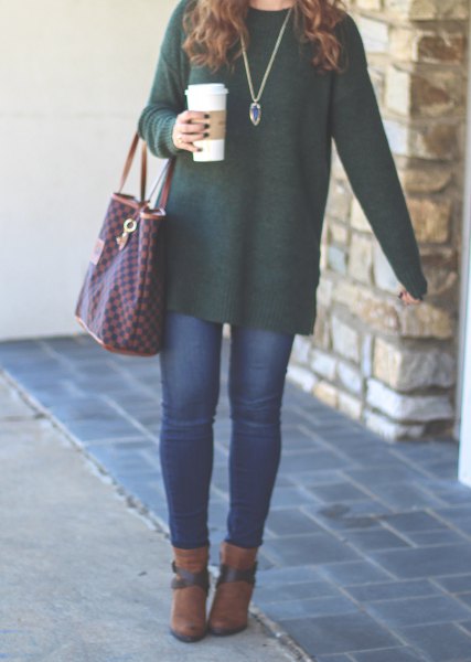 green long top with camel ankle boots
