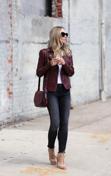 Burgundy jacket with white t-shirt and light pink cut-out heels