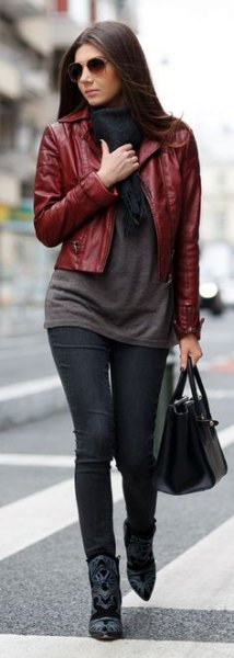 burgundy short leather jacket with gray long sweater and black
jeans