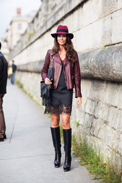 Leather blazer with black mini sheath dress and felt hat