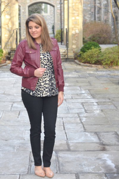 Leather jacket with leopard print blouse