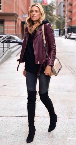 Burgundy jacket with black sweater and thigh high boots