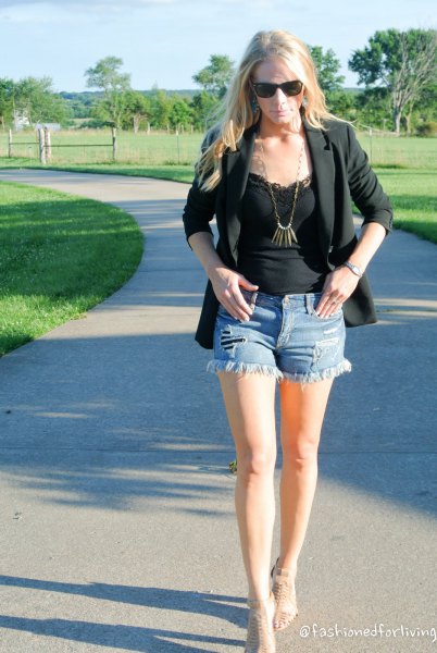 black lace top with blazer and mini jean shorts