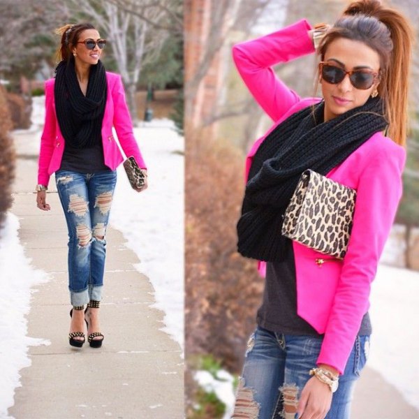 Pink blazer, leopard print clutch and ripped jeans
