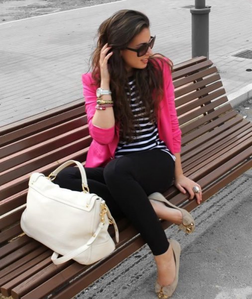 Black and white striped long sleeve t-shirt and pale pink ballet flats