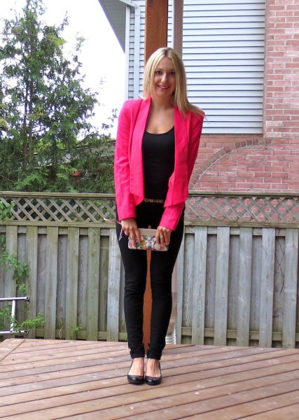 Hot pink blazer with all black outfit