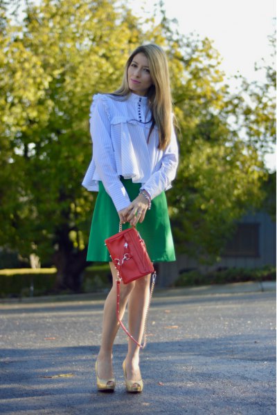 White ruched mandarin long sleeve shirt with camel skater skirt