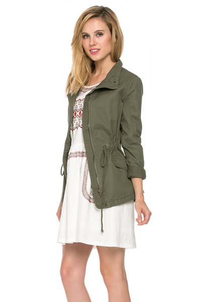 olive green jacket with white tribal printed mini shift dress