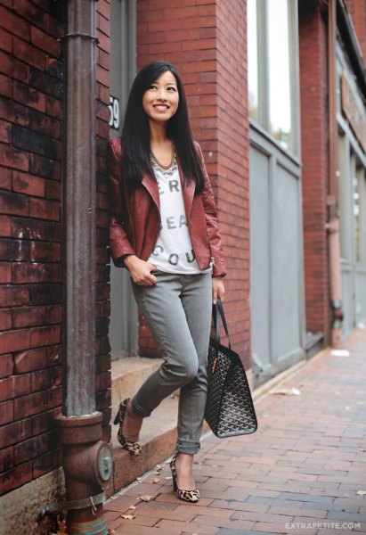 Brown petite leather jacket with white printed V-neck blouse