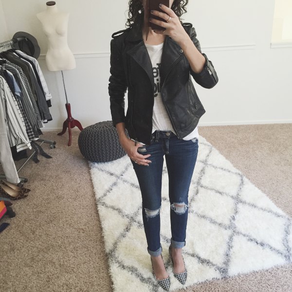 Black petite matte leather jacket with white printed t-shirt and skinny jeans