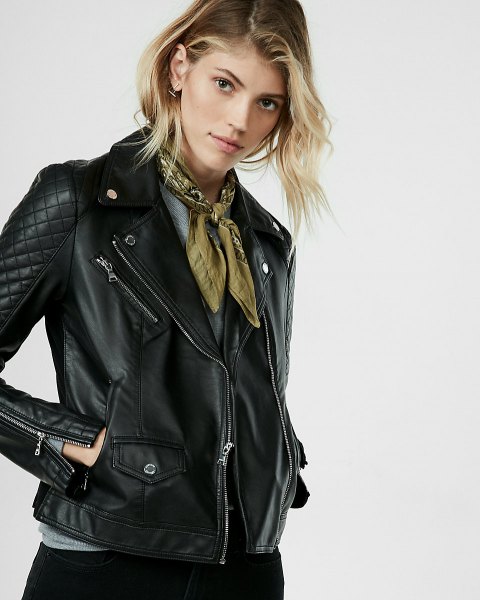 Black quilted petite leather jacket with green ribbon scarf
