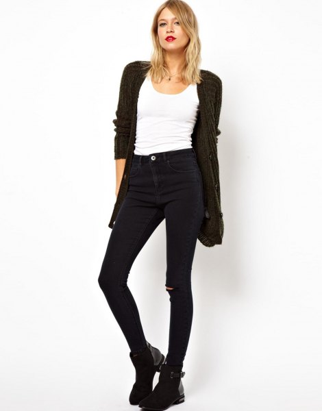 black cardigan with white tank top and long jeans