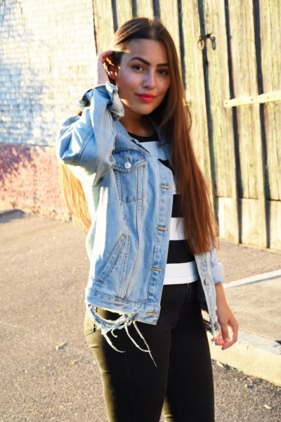 Black and white wide striped sweater with denim jacket and pull-on
jeans