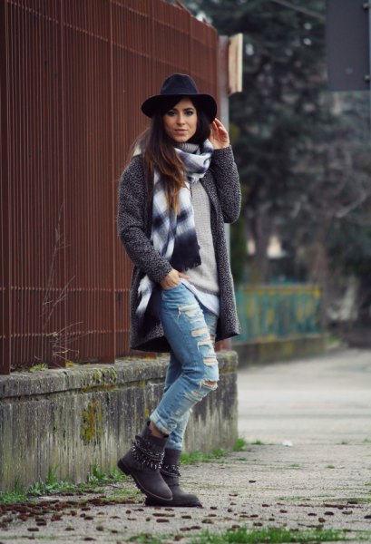Heathered gray wool coat worn with ripped boyfriend jeans
