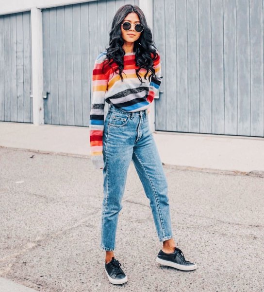 Rainbow striped sweater with cropped mom jeans