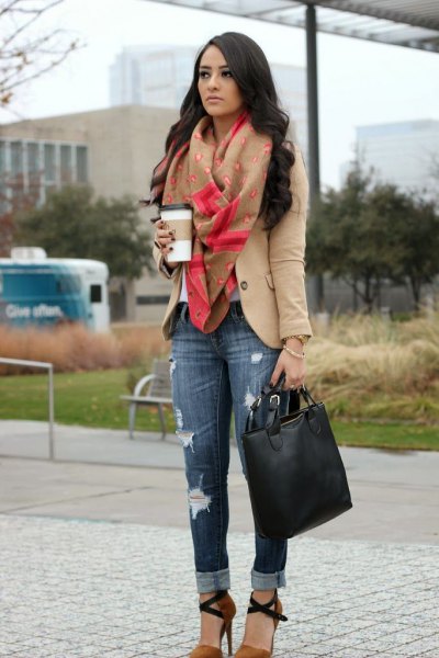 Blush blazer with pink scarf and ripped skinny jeans