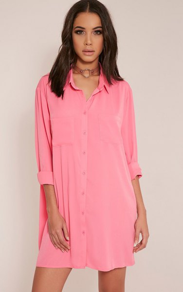 Pink boho style mini shirt dress with buttons and brown choker