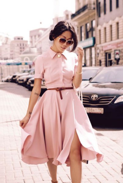 Light pink fitted belted flared midi shirt dress